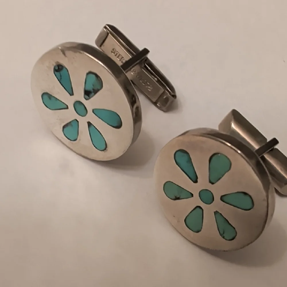 Vintage Sterling Silver Cufflinks with Turquoise Floral Inlay